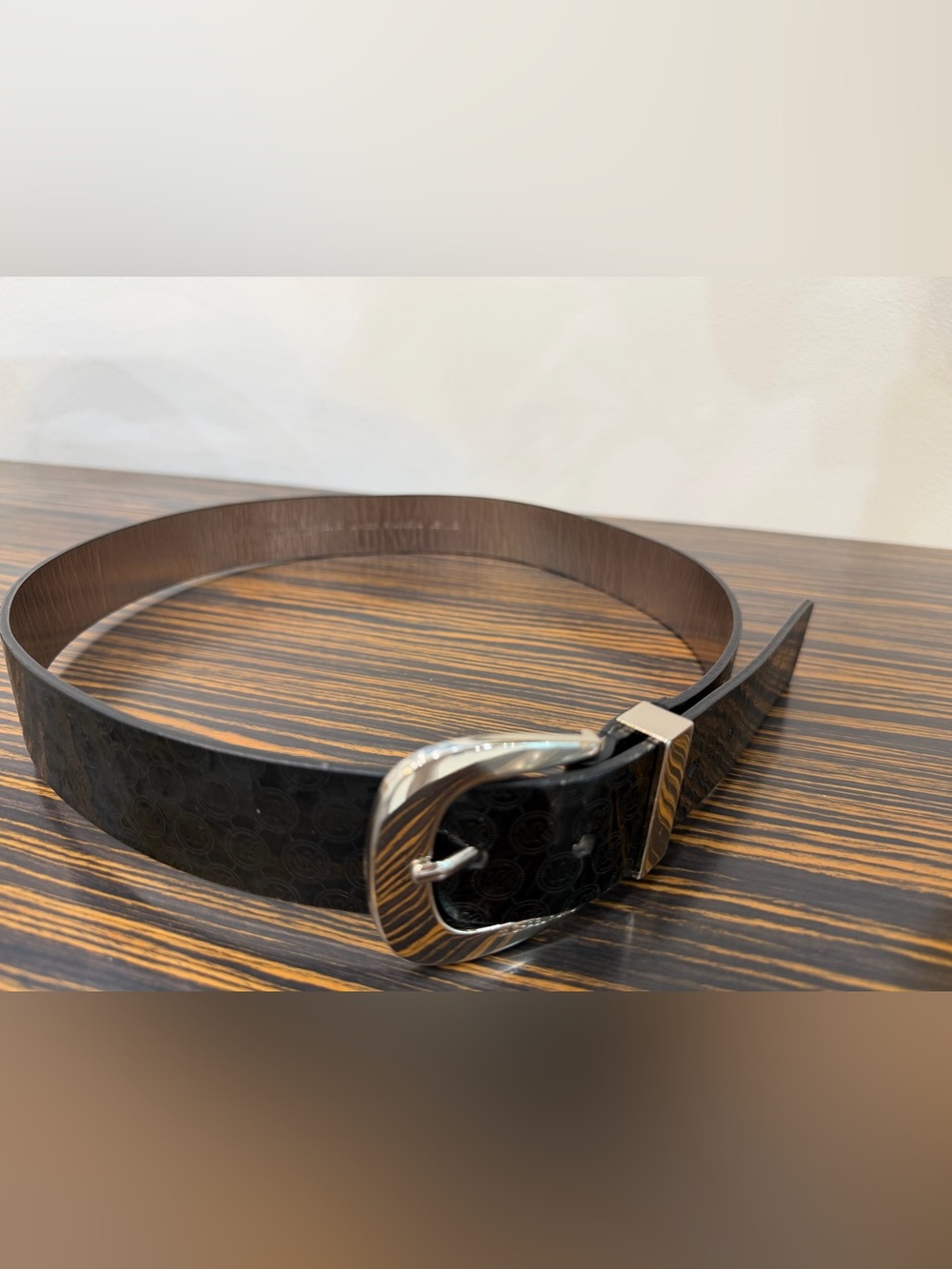 Michael Kors Black All-Over Monogram Logo  Patent Leather/Silvertone Belt, L/XL